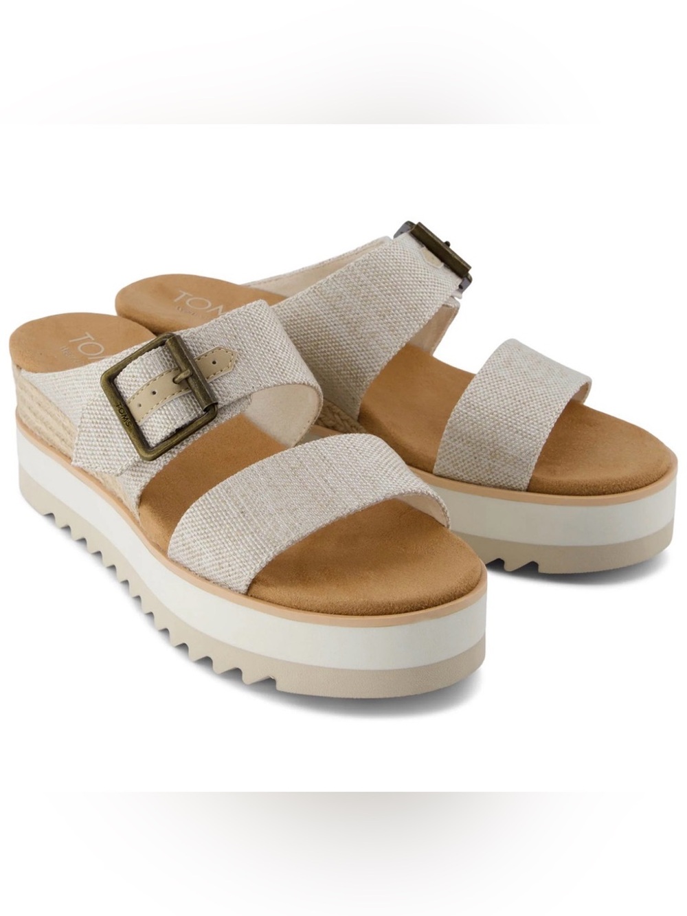 Toms Cream Linen Buckle Platform Sandals